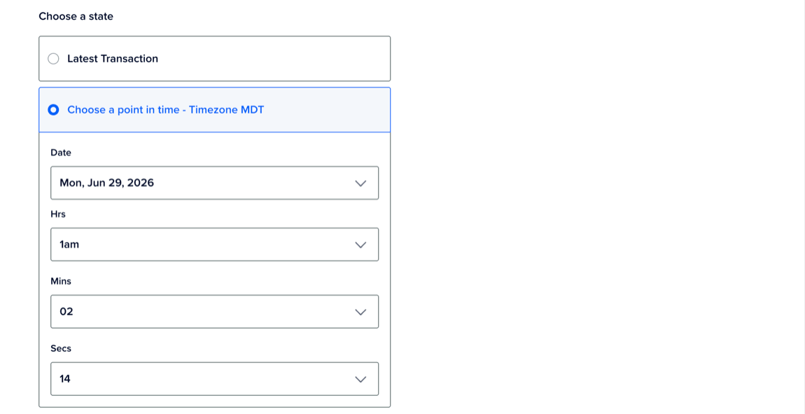 The Choose a point in time option, showing dropdown menus for Date, Hrs, Mins, and Secs