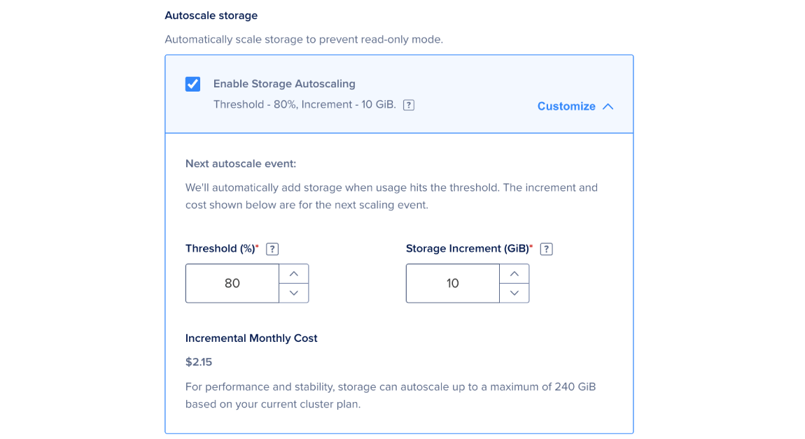 The storage autoscaling section