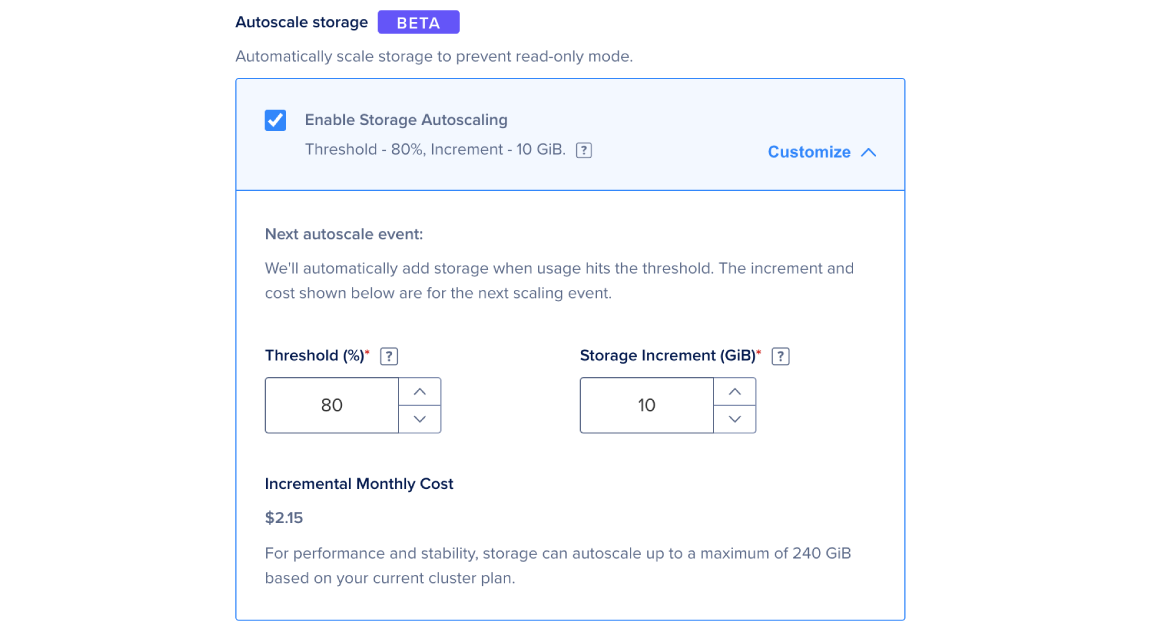 The storage autoscaling section