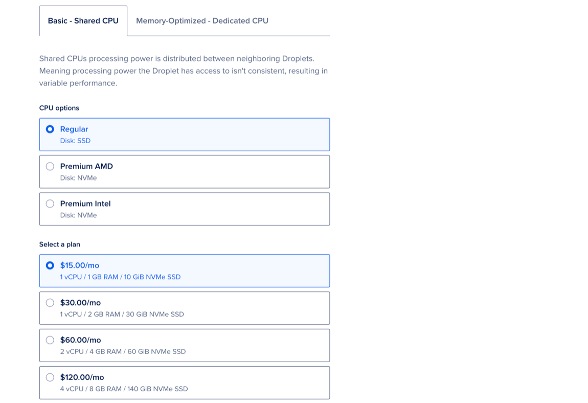 Cluster configuration section, showing available plan options
