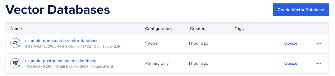 Vector Databases overview page listing OpenSearch and PostgreSQL vector database clusters.