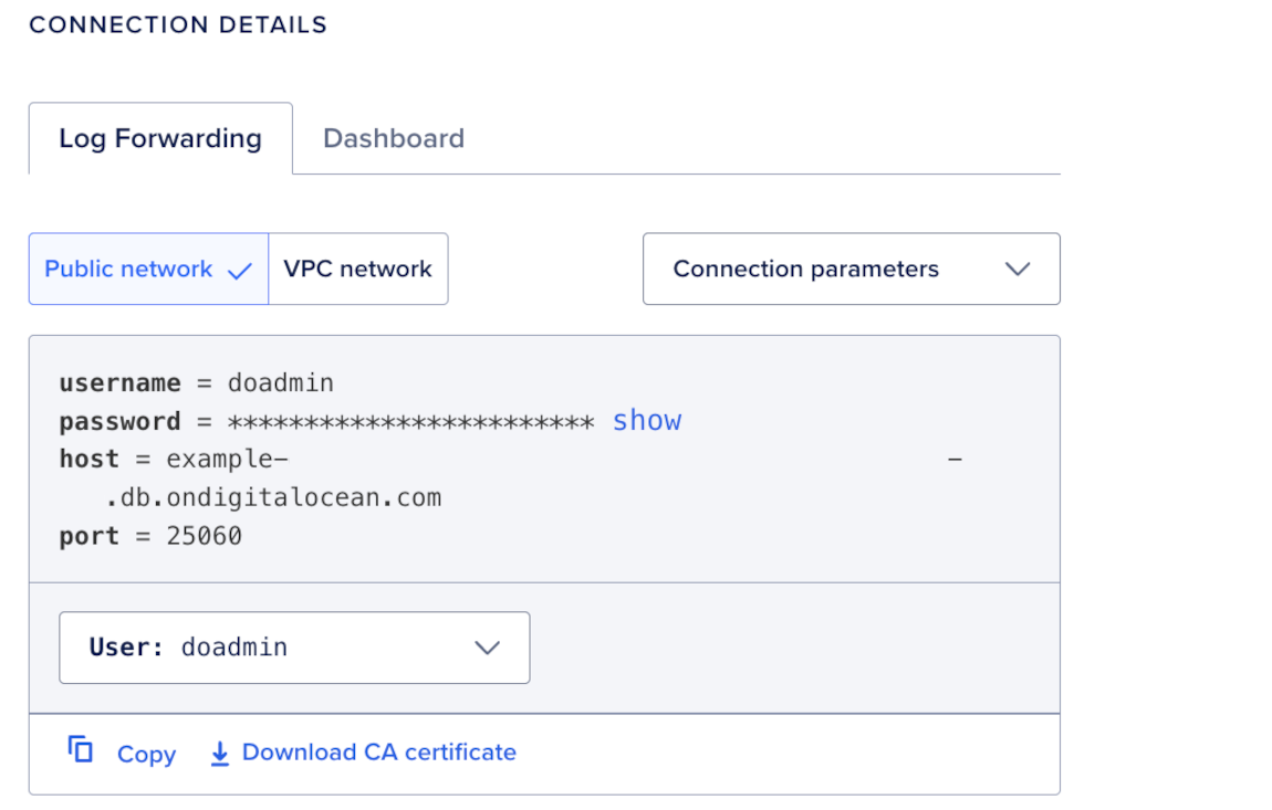 Connection Details section showing vector database connection parameters and copy options.