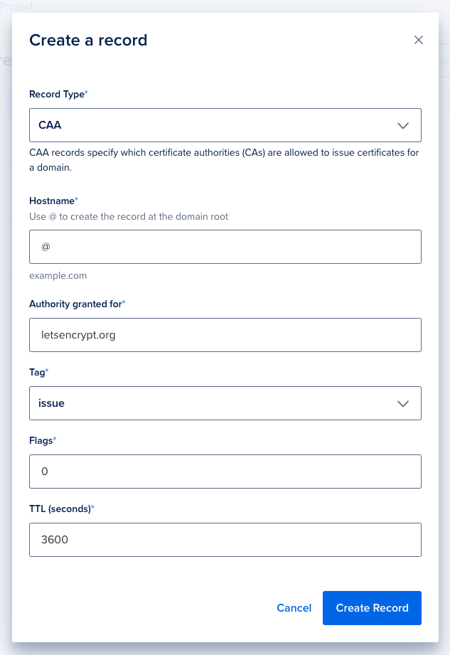 A screenshot of the DNS control panel displaying the configuration of a CAA record.