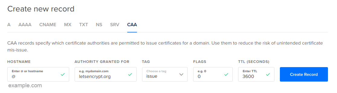 A screenshot of the DNS control panel displaying the configuration of a CAA record.