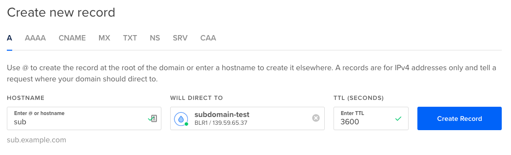 A screenshot of the DigitalOcean control panel showing an A recorded being added to the new sub domain sub.example.com.
