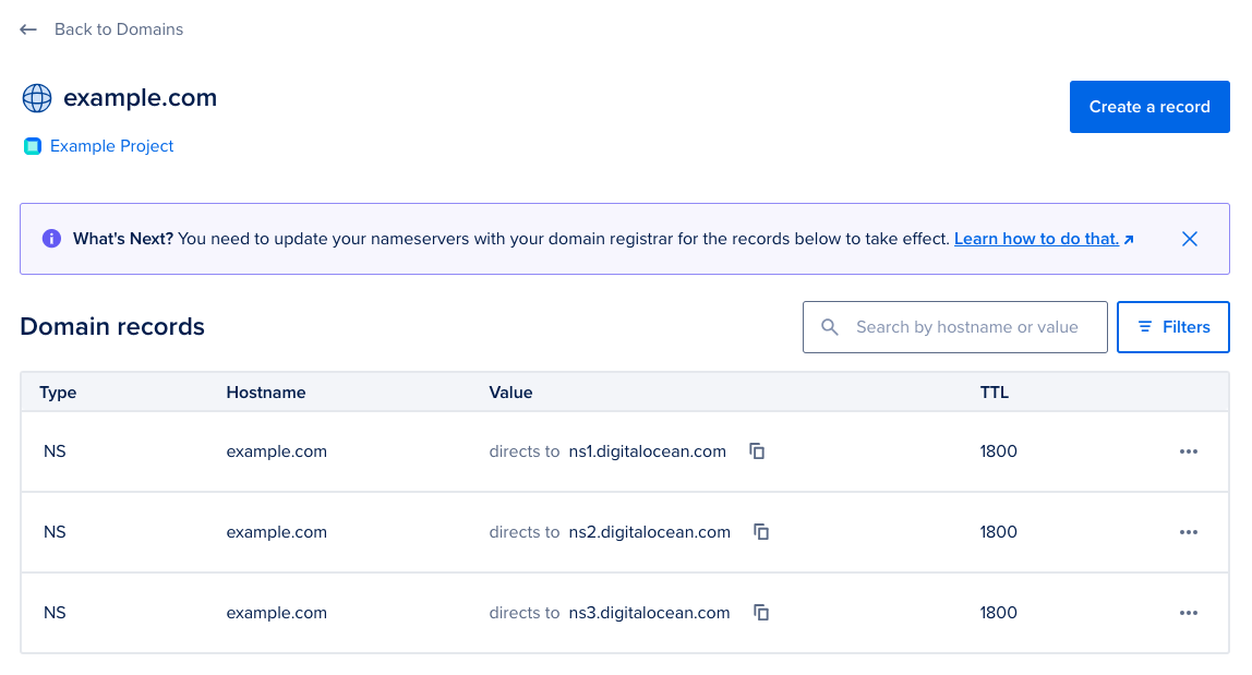 Domains page under Networking with an example domain.