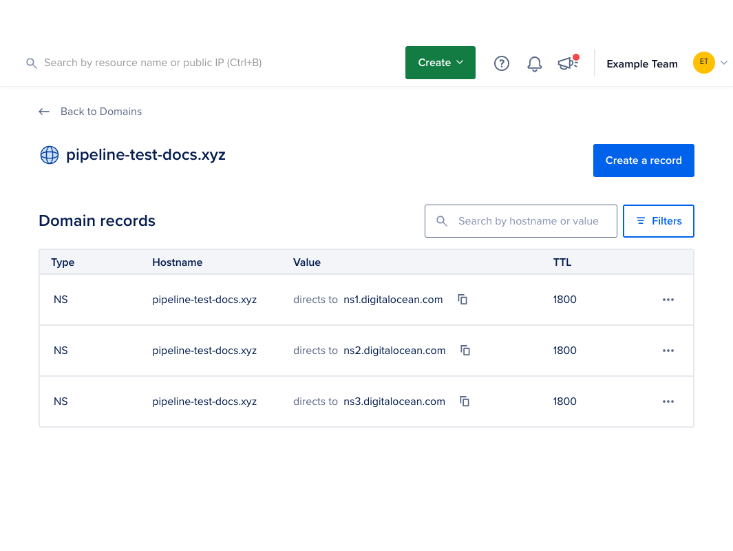 Domain records page showing the default NS and SOA records for the newly added domain.