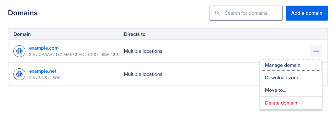 Two domains listed, one with its menu open.