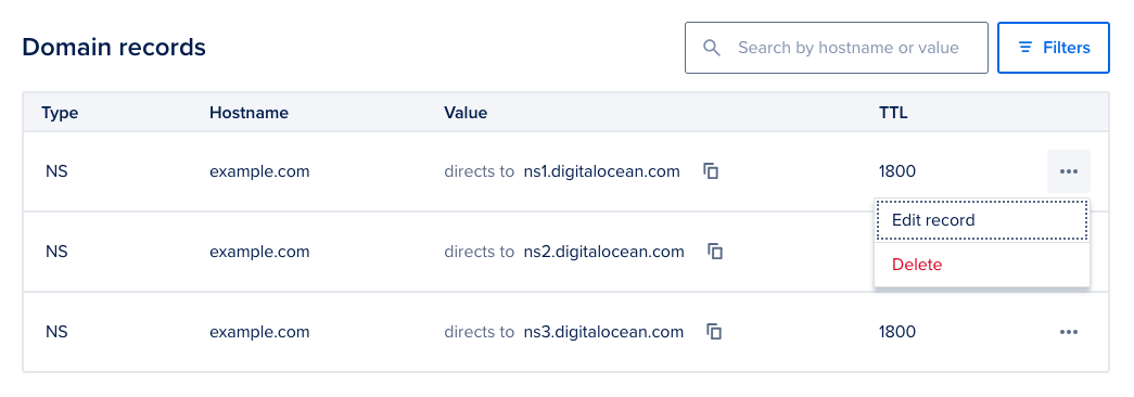 DNS record more menu expanded with Edit record and Delete options visible