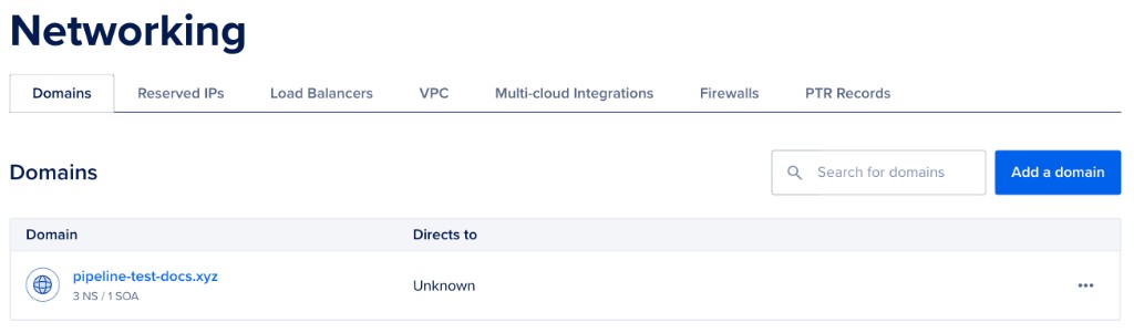 Domains page under Networking listing an example domain with its NS and SOA record counts.