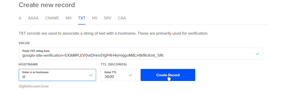 TXT record with google-site-verification token entered