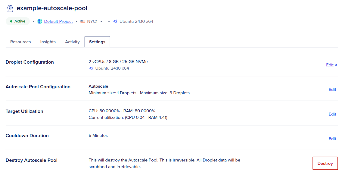 The settings tab of an autoscale pool.