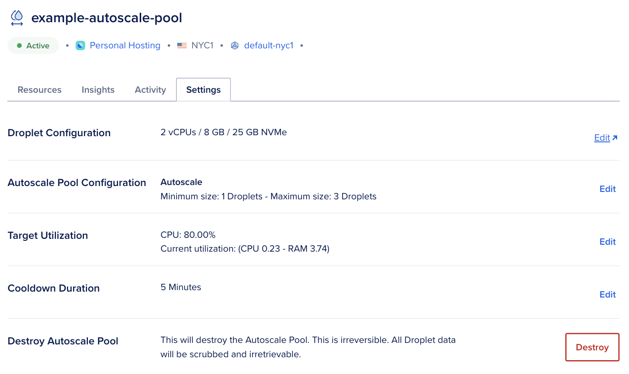 Autoscale pool detail page with Settings tab selected and editable pool options.