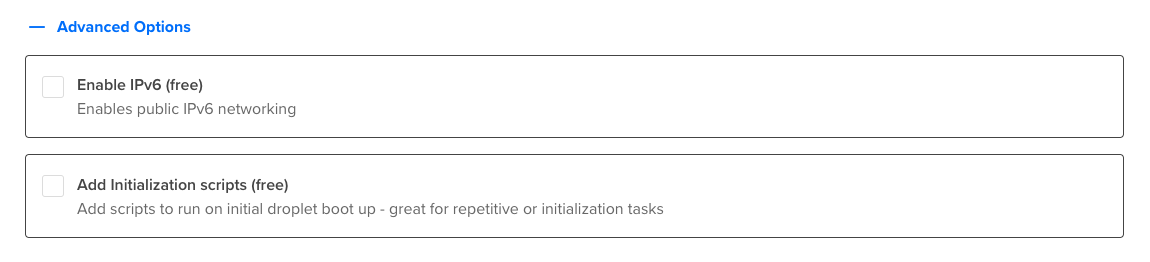 The advanced options section of the Droplet creation page, which includes the Enable IPv6 checkbox.