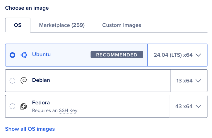Choose an image section with OS, Marketplace, and Custom images tabs, distribution shortcuts, Show all OS images, and version selector.