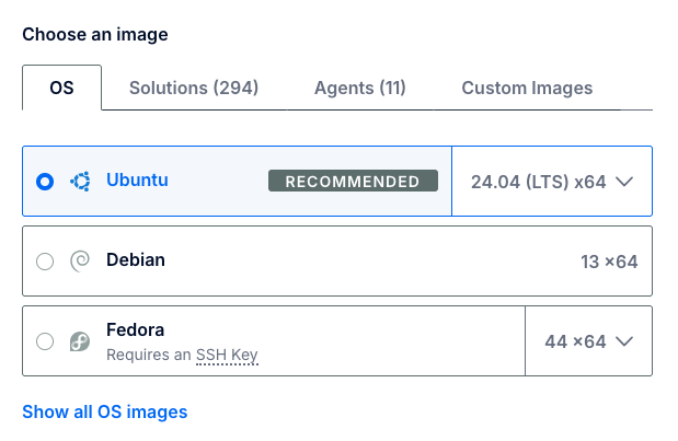 Choose an image section with OS, Solutions, Agents, and Custom Images tabs, distribution shortcuts, Show all OS images, and version selector.