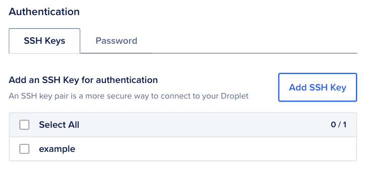 Choose Authentication Method with SSH Key and Password cards, Add a public SSH key panel, and Add SSH Key link in the guidance banner.