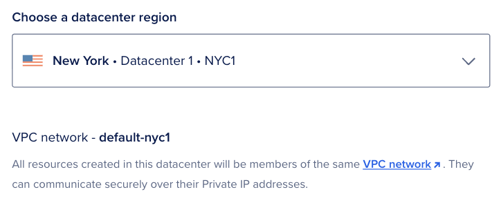 Create Droplets page with Choose a datacenter region dropdown, selected region summary, and default VPC network for that region.