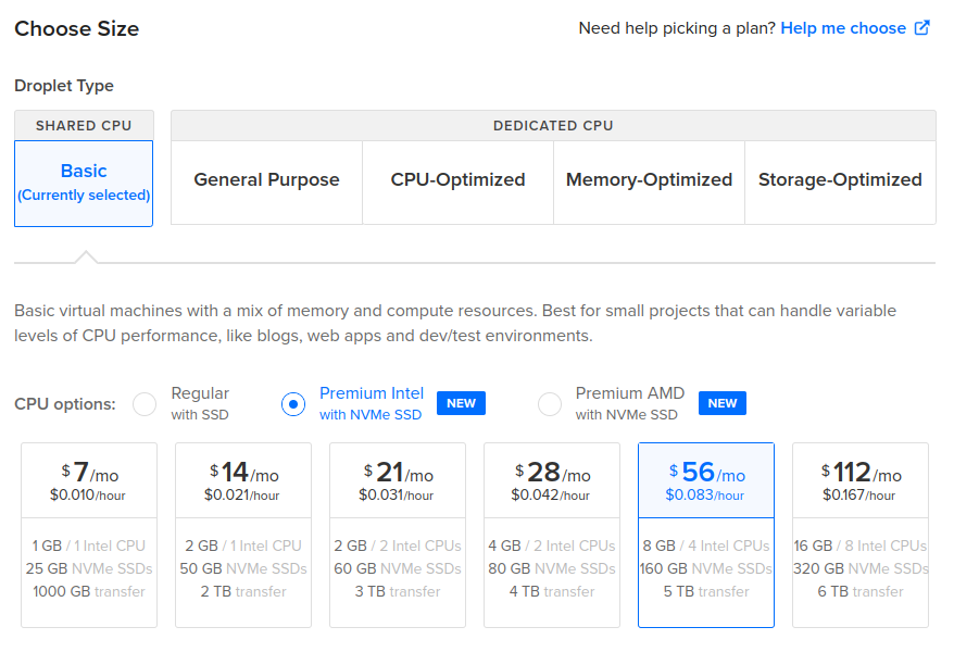 The Choose Size section of the Droplet creation page.