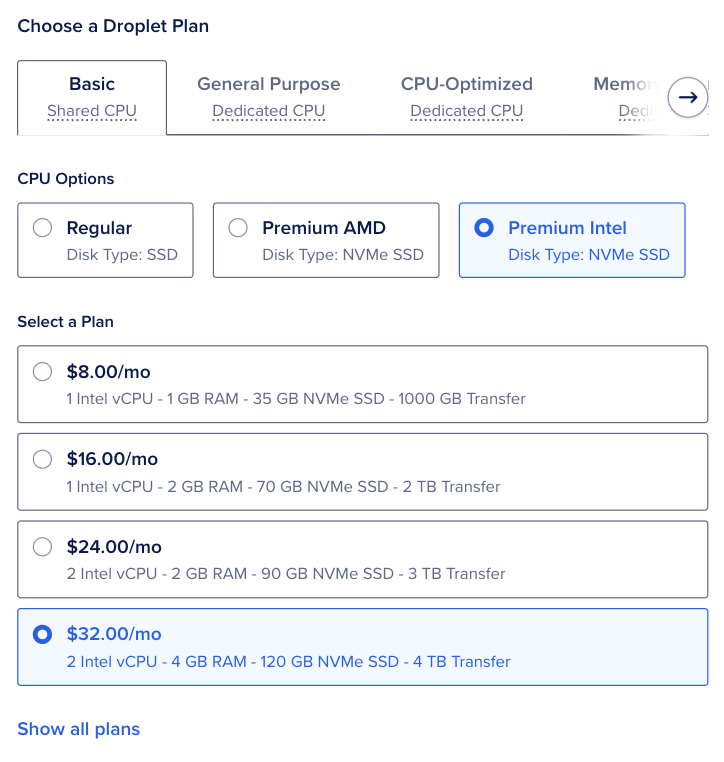 Choose a Droplet Plan section with shared and dedicated CPU groups and plan cards.