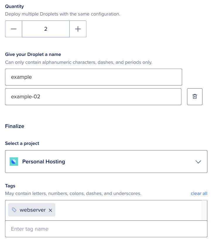 Finalize Details on the create page with quantity, hostname fields, Tags with a tag chip and Enter tag name, project selector, and clear all link.