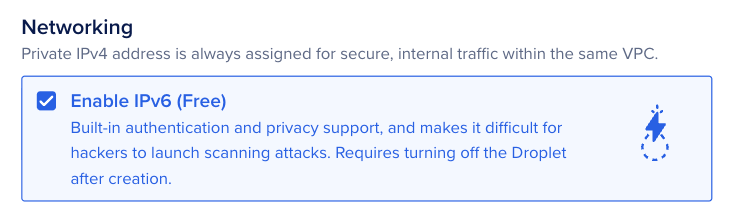 Create Droplet page Networking section with Enable IPv6 checkbox selected.