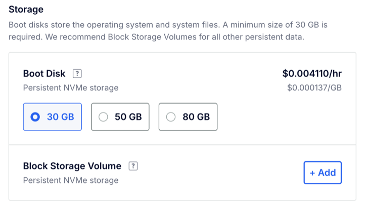 Storage section for a v5 configuration with Boot Disk size options of 30, 50, and 80 GB and a Block Storage Volume Add option.