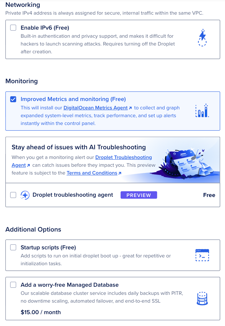 Create Droplet page with Networking including Enable IPv6, Monitoring with Improved Metrics and monitoring, AI Droplet troubleshooting agent preview, and Additional Options including Startup scripts and Managed Database.