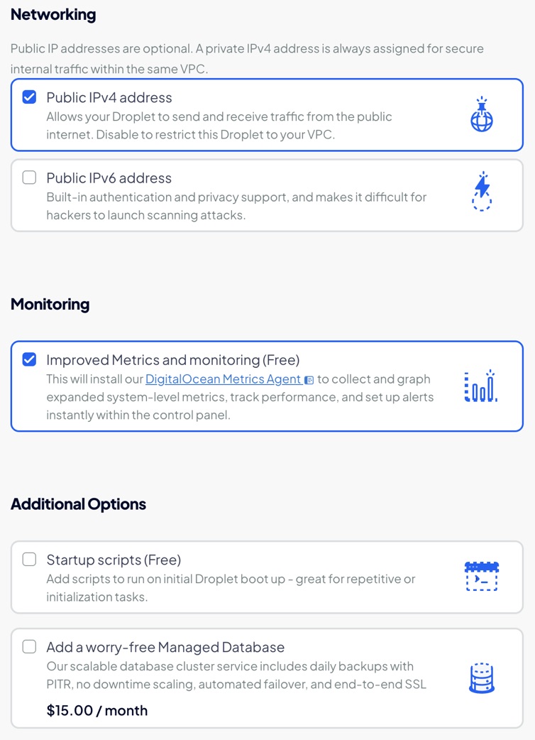 Create Droplet page Networking section with Public IPv4 address selected and Public IPv6 address cleared, Monitoring with Improved Metrics and monitoring, and Additional Options including Startup scripts and a Managed Database card.