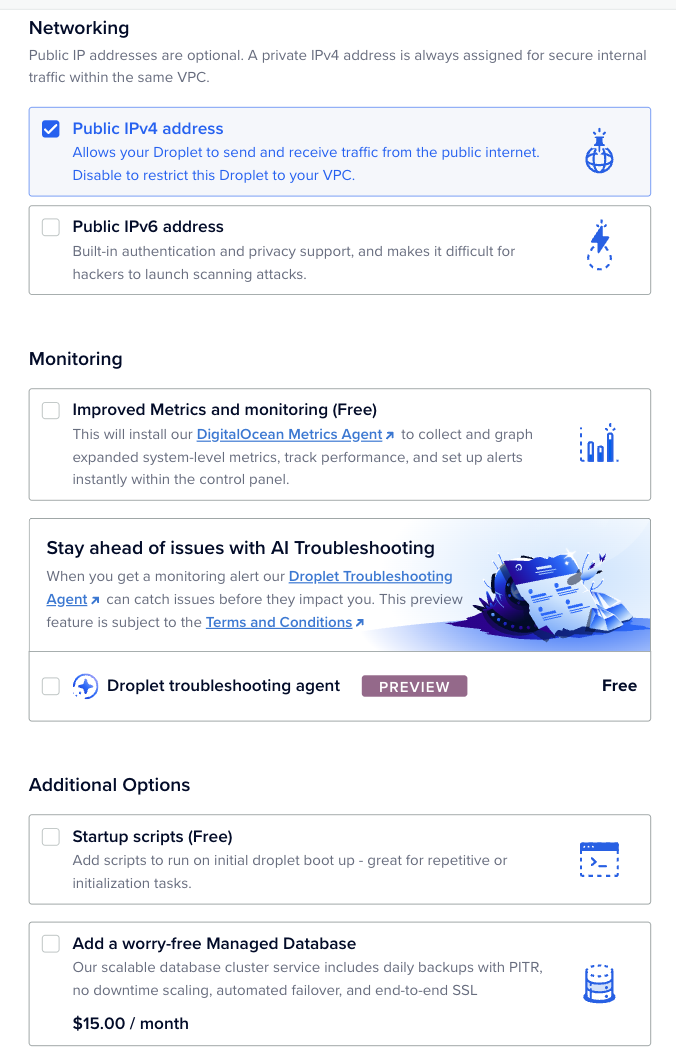 Create Droplet page Networking section with Public IPv4 address selected and Public IPv6 address cleared, Monitoring with Improved Metrics and monitoring and a Droplet troubleshooting agent preview, and Additional Options including Startup scripts and a Managed Database card.