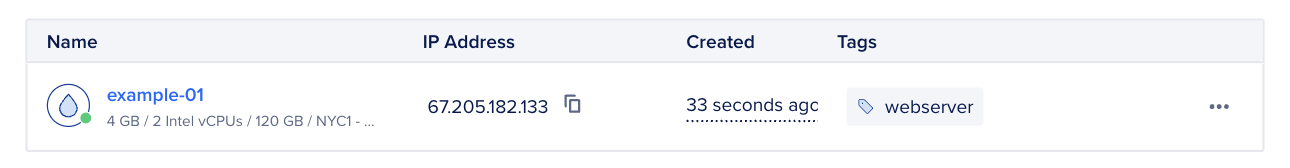 Droplets list row for a new Droplet with public IP address filled in and provisioning complete.