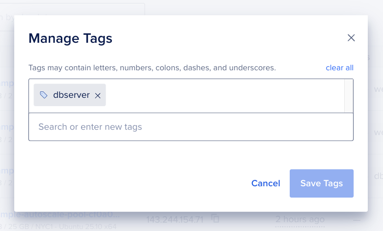 Manage Tags window with tag chip, search field, Save Tags button, and Cancel link.