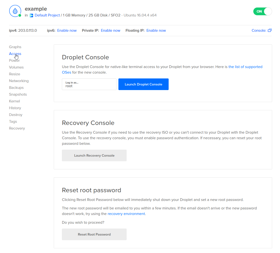 Screenshot of a Droplet's Access page with the Launch Console button