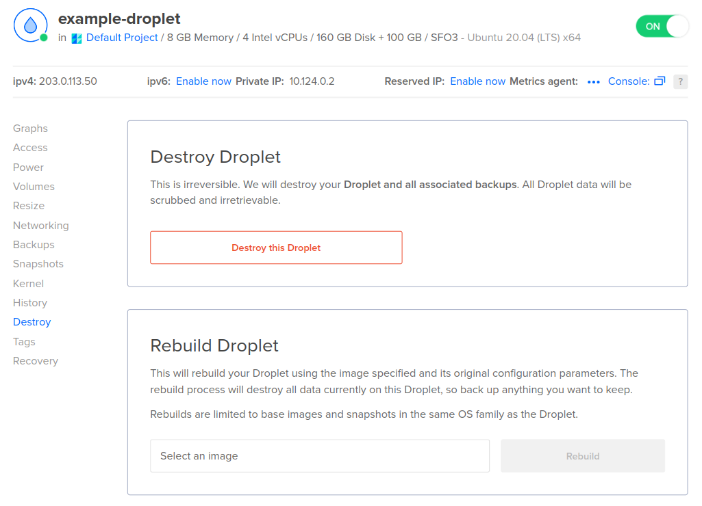 Destroy Droplet page