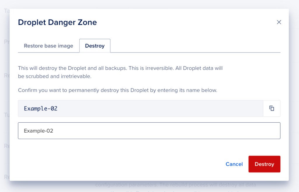 Droplet Danger Zone window with the Destroy tab selected, name confirmation field, and Destroy button.