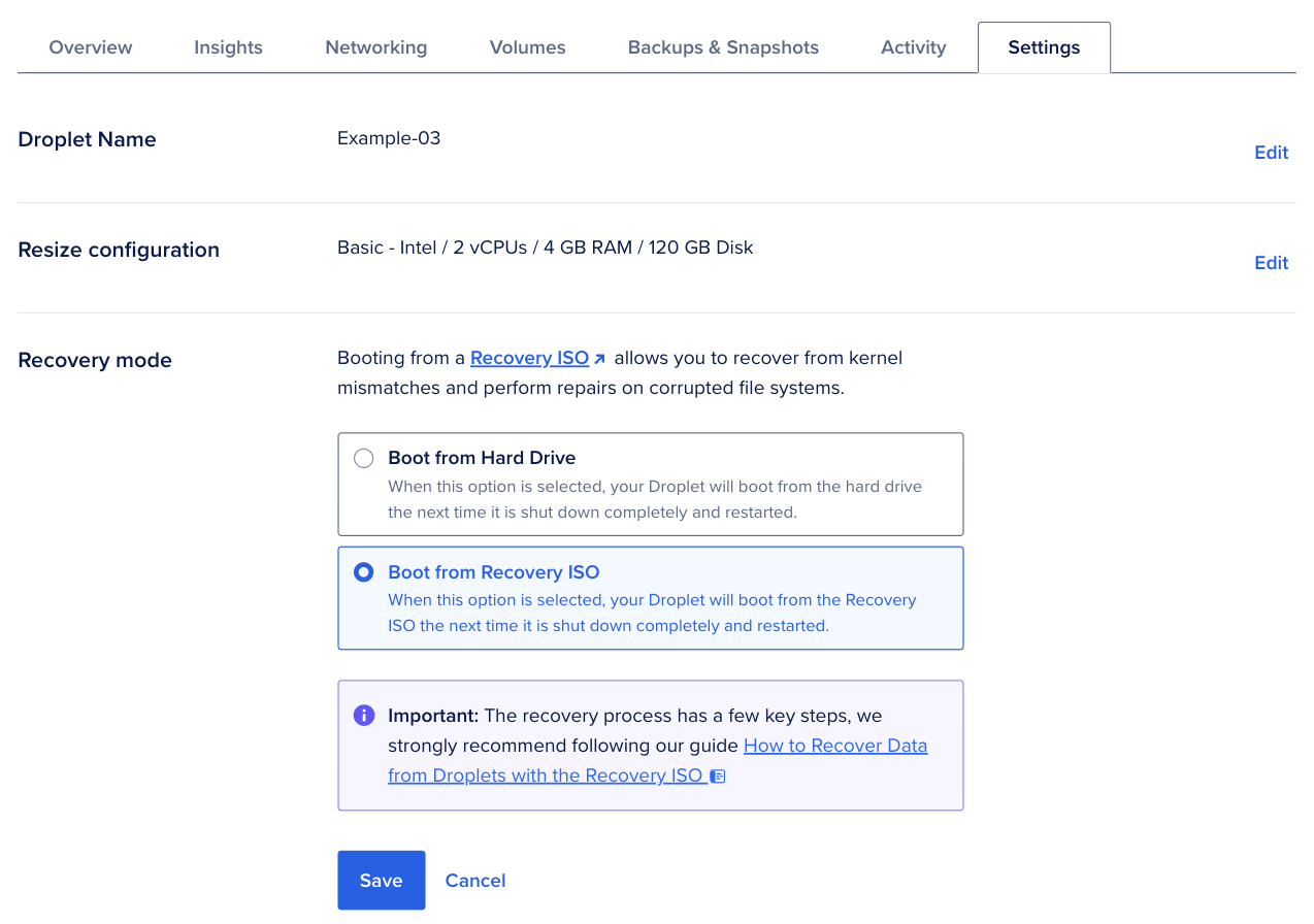 Droplet Settings tab with Recovery mode section expanded, showing Boot from Hard Drive and Boot from Recovery ISO options.