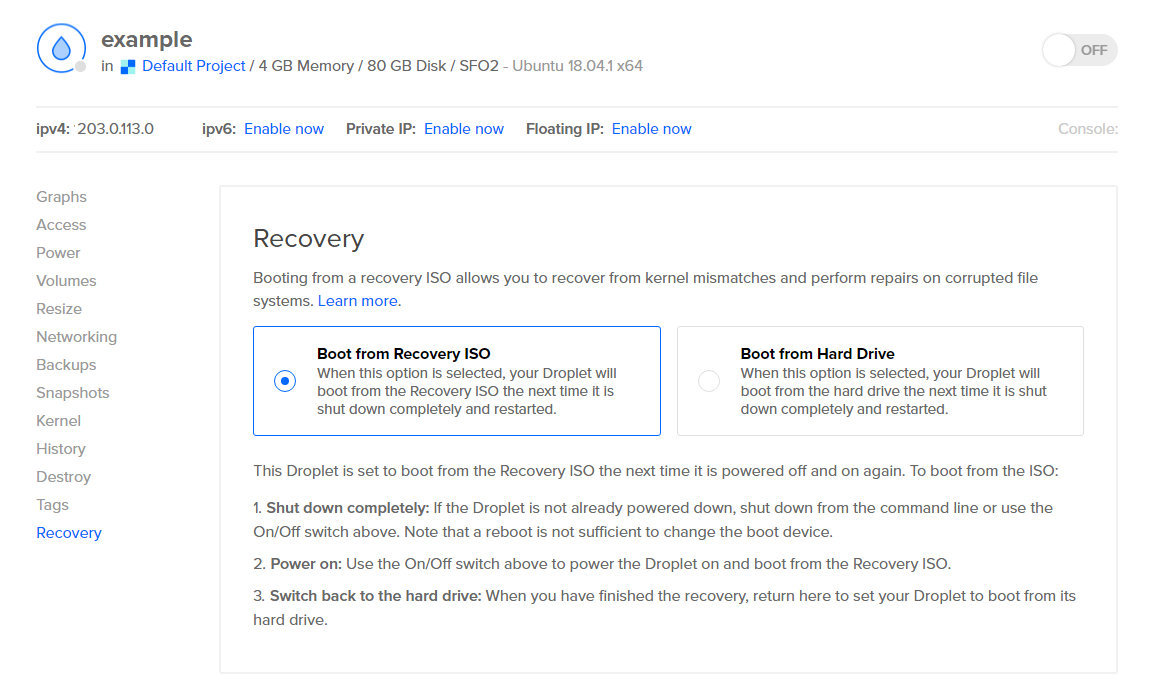 The recovery tab with the Boot from Recovery ISO option selected