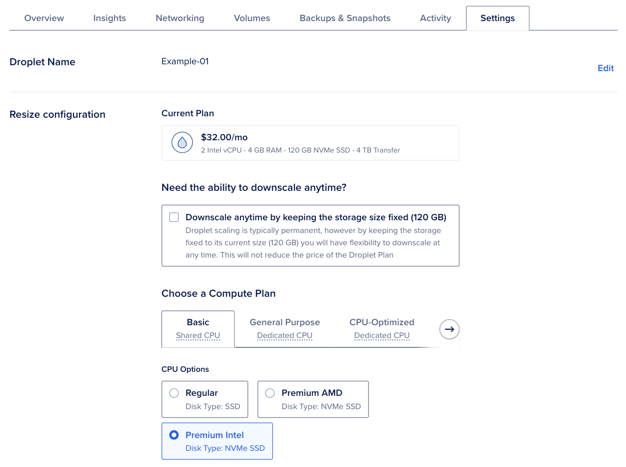 Resize configuration expanded on the Settings tab, showing Current Plan, downscale option, Choose a Compute Plan, and CPU Options.