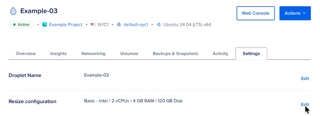 Droplet Settings tab showing Droplet Name and Resize configuration with Edit links.