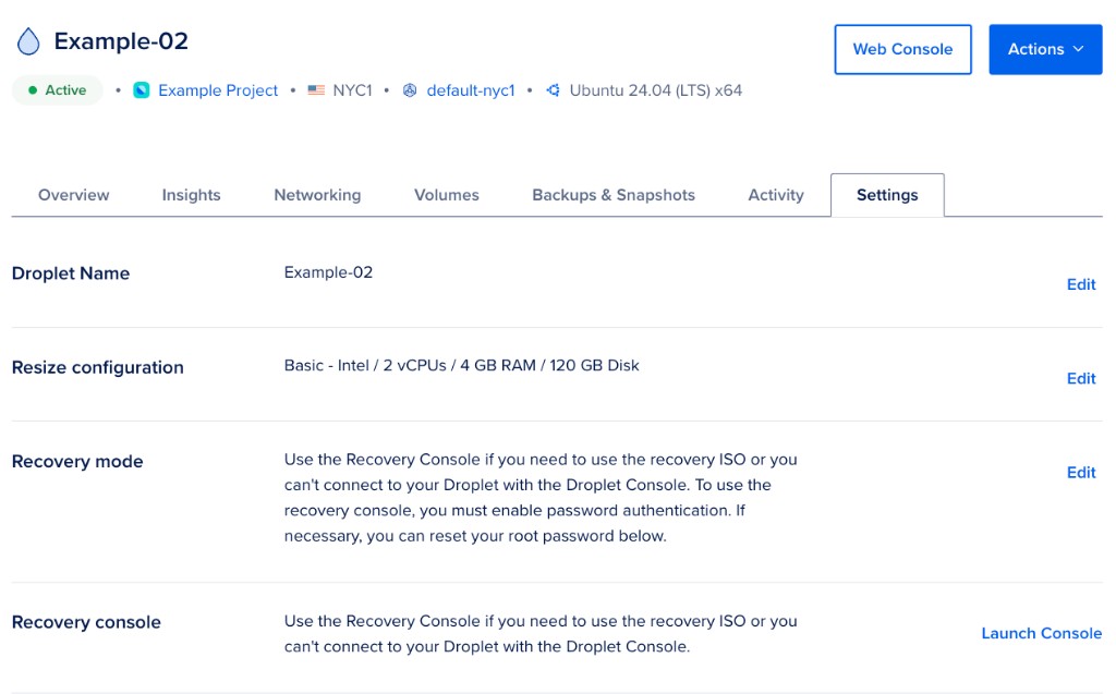 Droplet Settings tab with Droplet Name, Resize configuration, Recovery mode, and Recovery console sections.