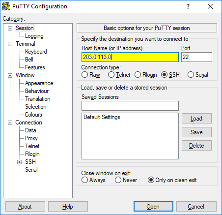 PuTTY Configuration Screen with above values filled in