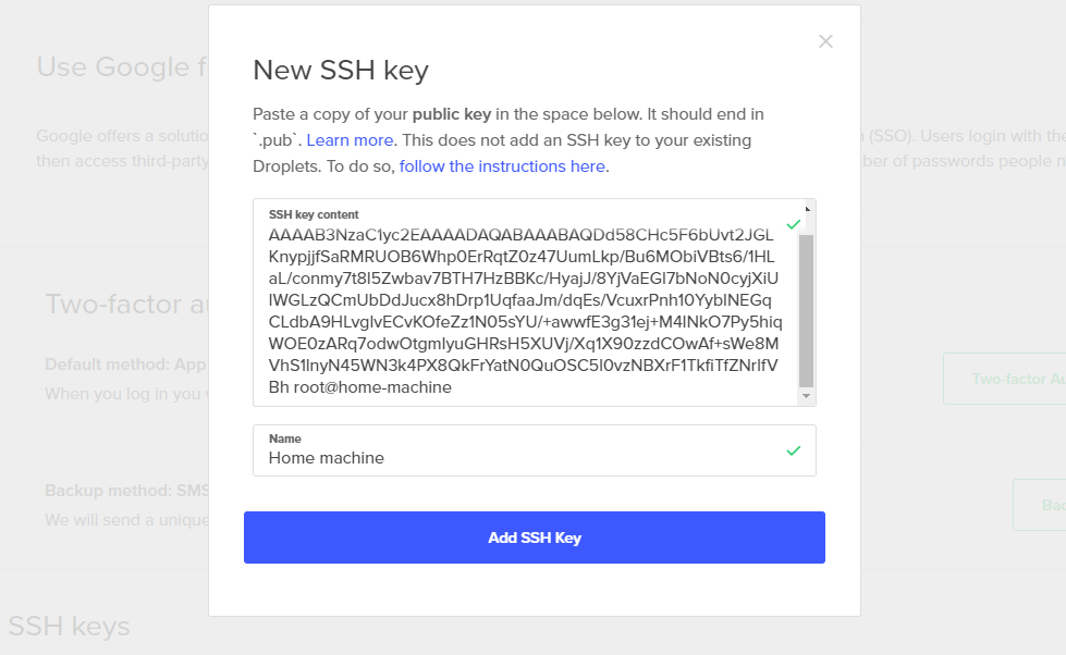 The new SSH key window