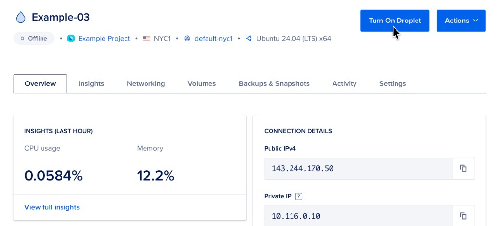 Droplet detail page for an offline Droplet with Turn On Droplet button at the top.