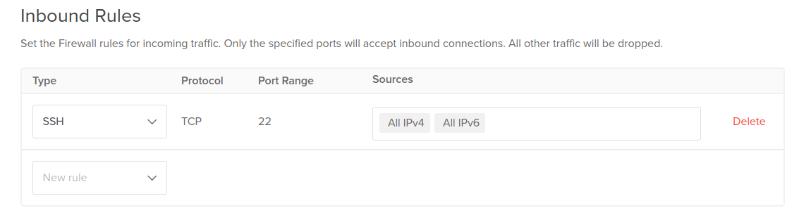 The inbound rules section of the cloud firewall create page
