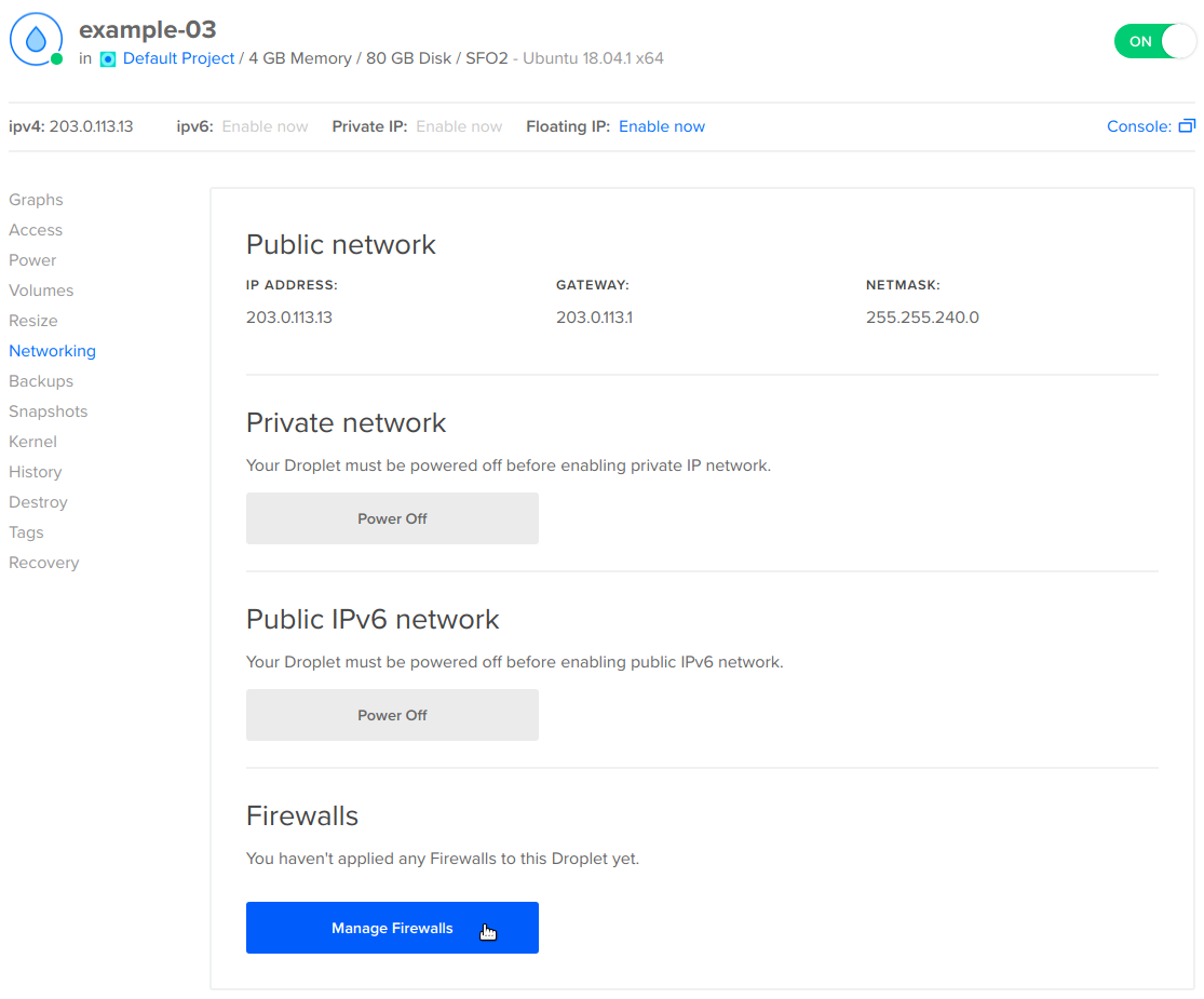 Droplet Networking page with no firewalls added and Manage Firewalls highlighted