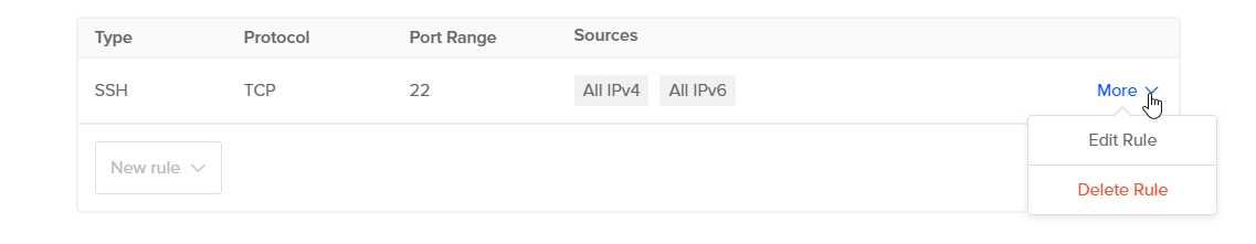 Firewall rule with more menu open and edit and delete rule options visible