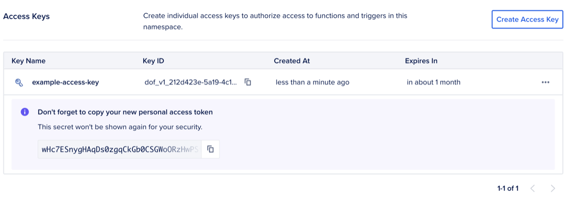 The Access Keys section of the namespace settings page showing a newly created key with the secret key displayed