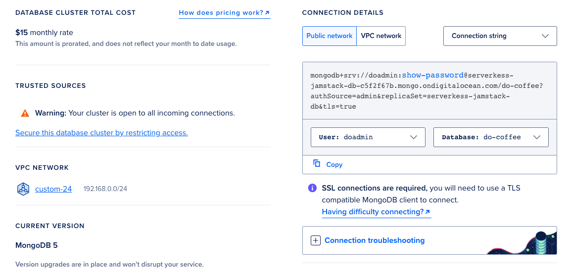 Database connection details page showing cluster cost, trusted sources warning, VPC network information, current MongoDB version, and connection details.