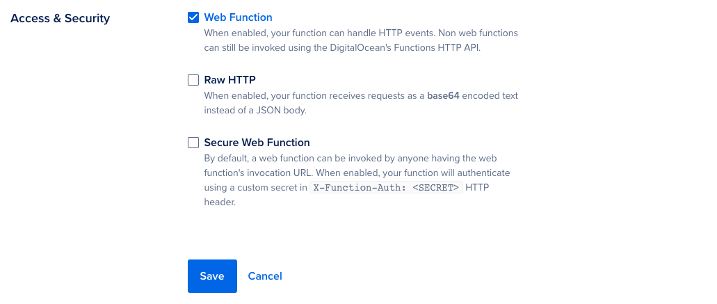 A screenshot of the Web Function options, including checkboxes for 'Web Function', 'Raw HTTP', and 'Secure Web Function'.