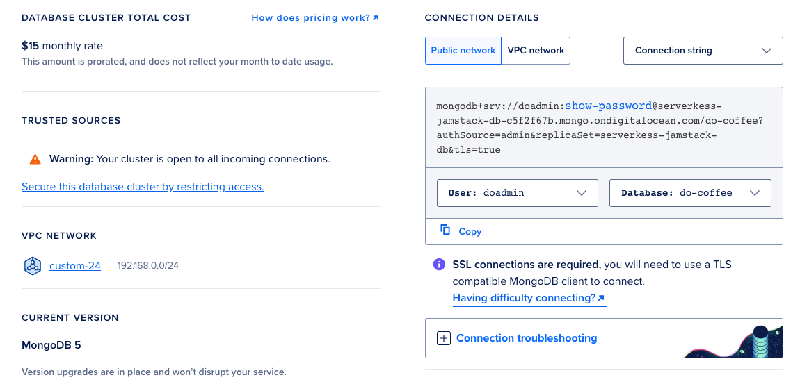 Database connection details section with do-coffee and connection string selected in drop-down menus